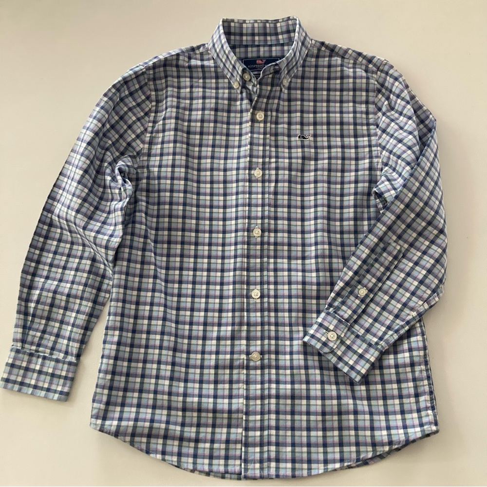 Vineyard Vines Boys 8-10 Blue Plaid Whale Shirt